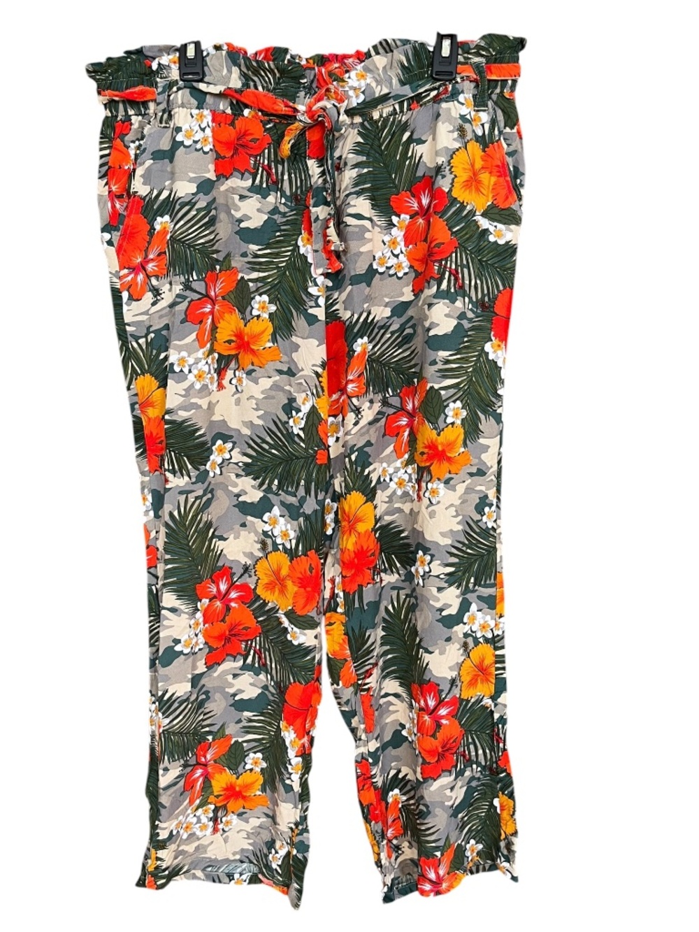 Helium Orange & Green Tropical Floral Camo Wide Leg Pull On Belted Pants SZ 2X